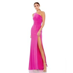 NEW Mac Duggal Pink Maxi Dress Jersey One Shoulder Draped Back Gown Sz 12